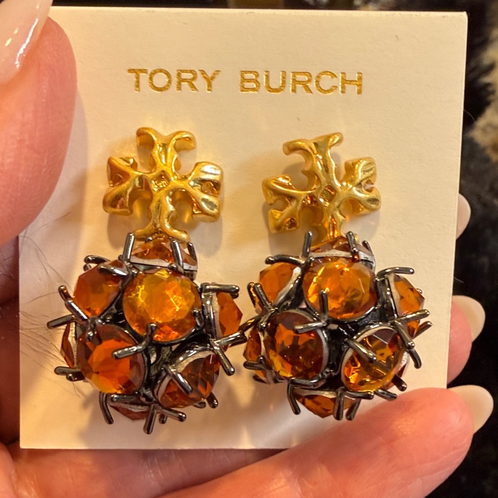 Tory Burch Roxanne crystal drop earrings in an orange color